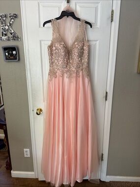 Blush Pink Embellished Prom Gown with V-Neck
